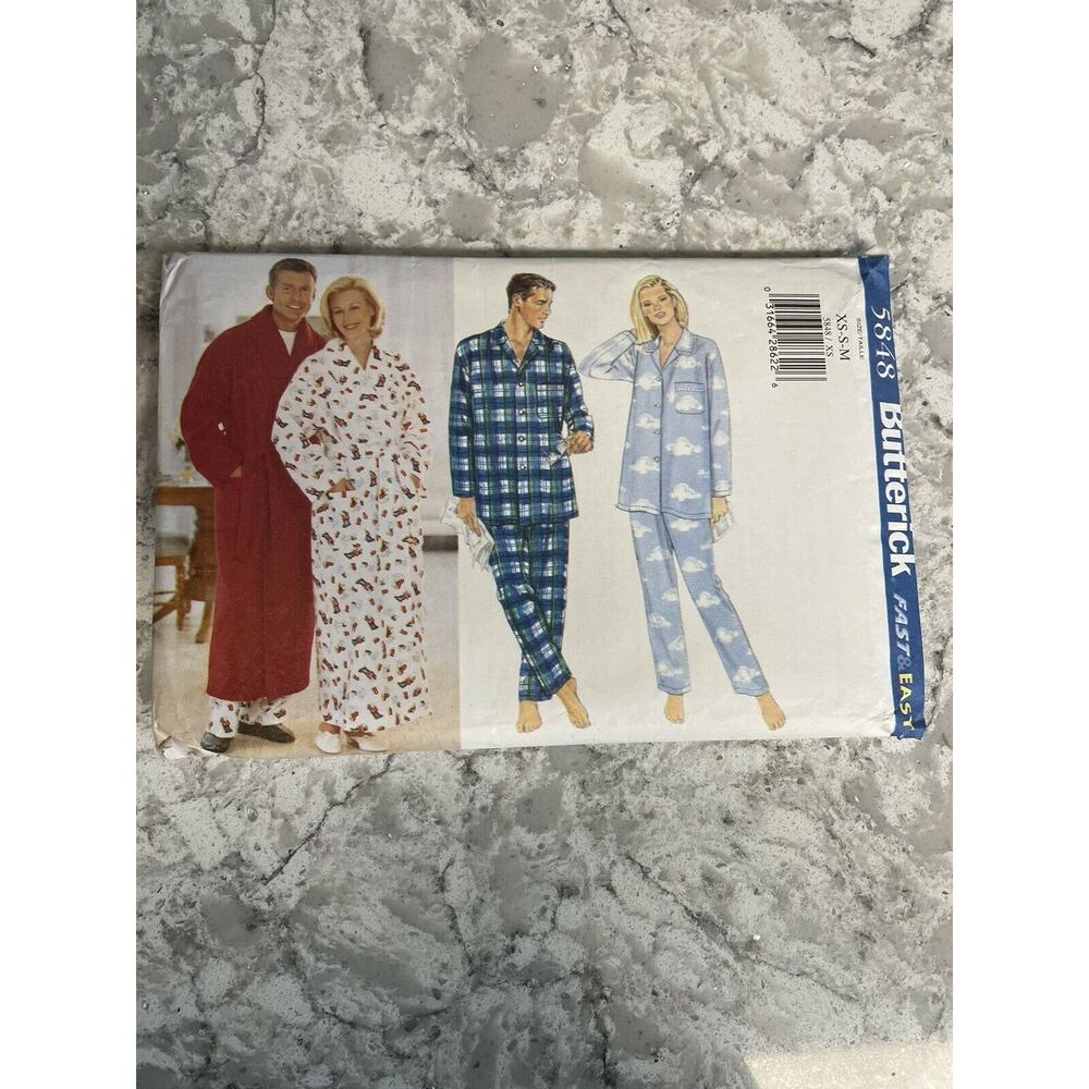 Butterick Pattern 5848 Sizes XS - M Easy Unisex Robe Belt Top Pants Uncut 1998